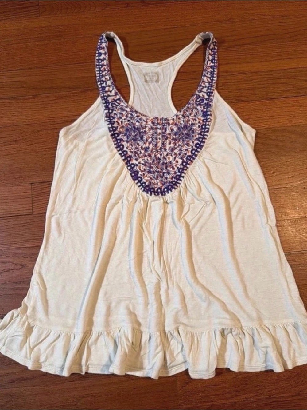 Vintage Boho Toska Cream Racerback Tank with Purple Embroidered Neckline